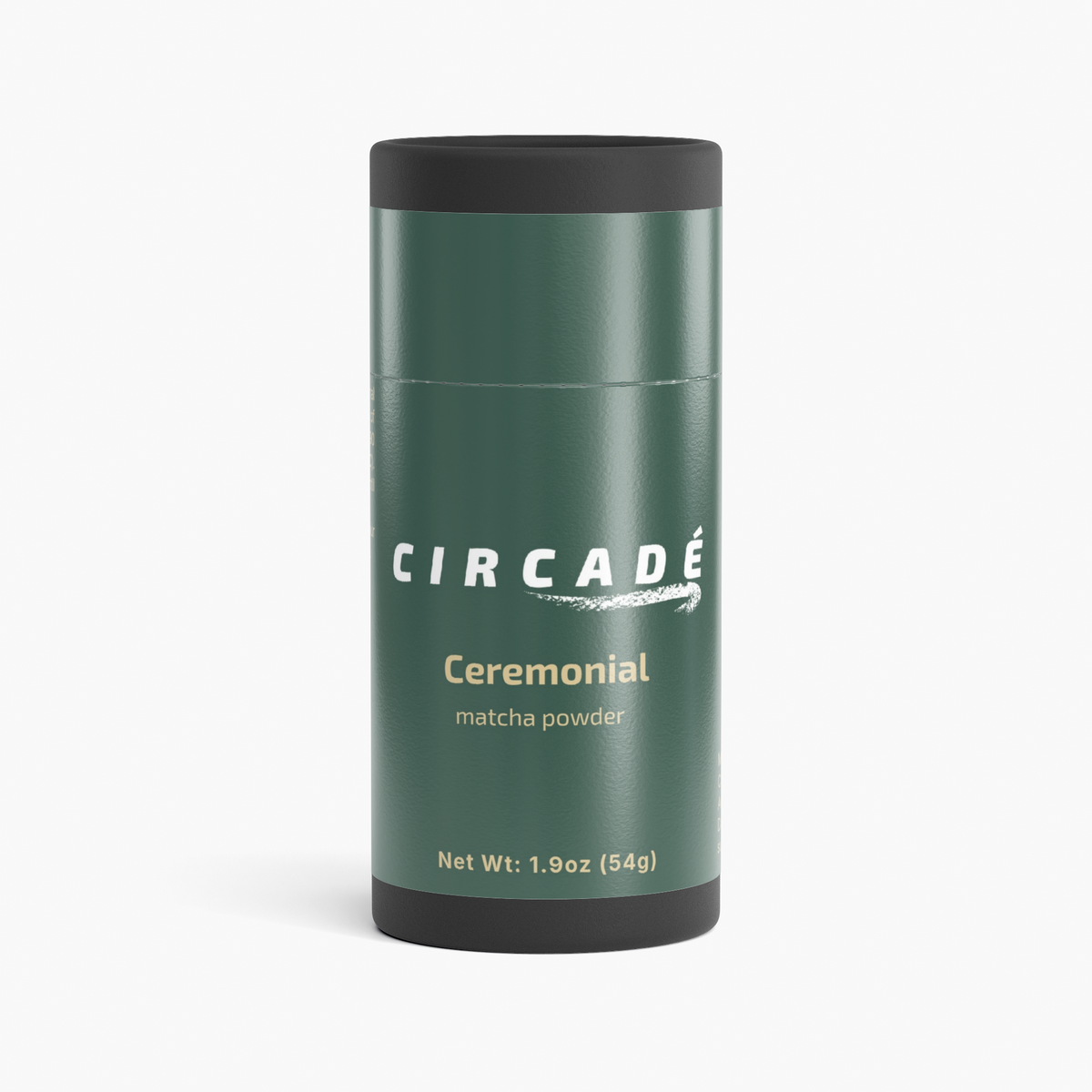 Circade Ceremonial Matcha Powder in a dark green tin with a black lid