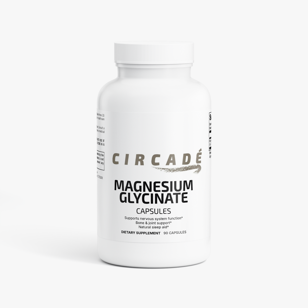 Circade Magnesium Glycinate capsule bottle with a white label and lid