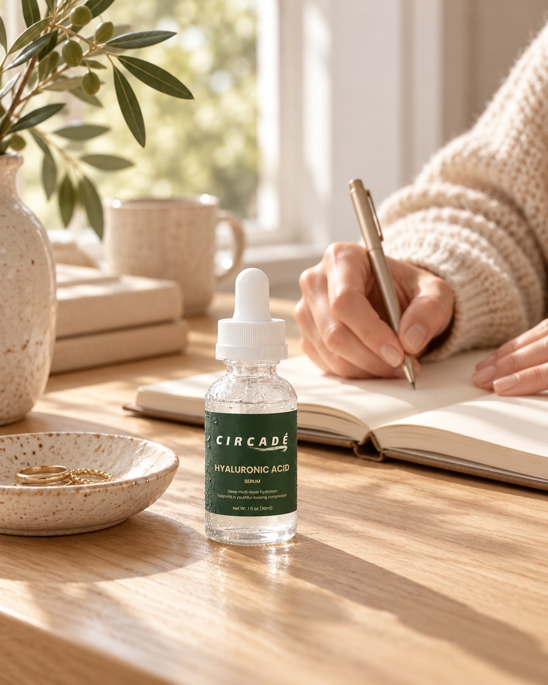 Writing a quiet note beside Circadé Hyaluronic Acid Serum.