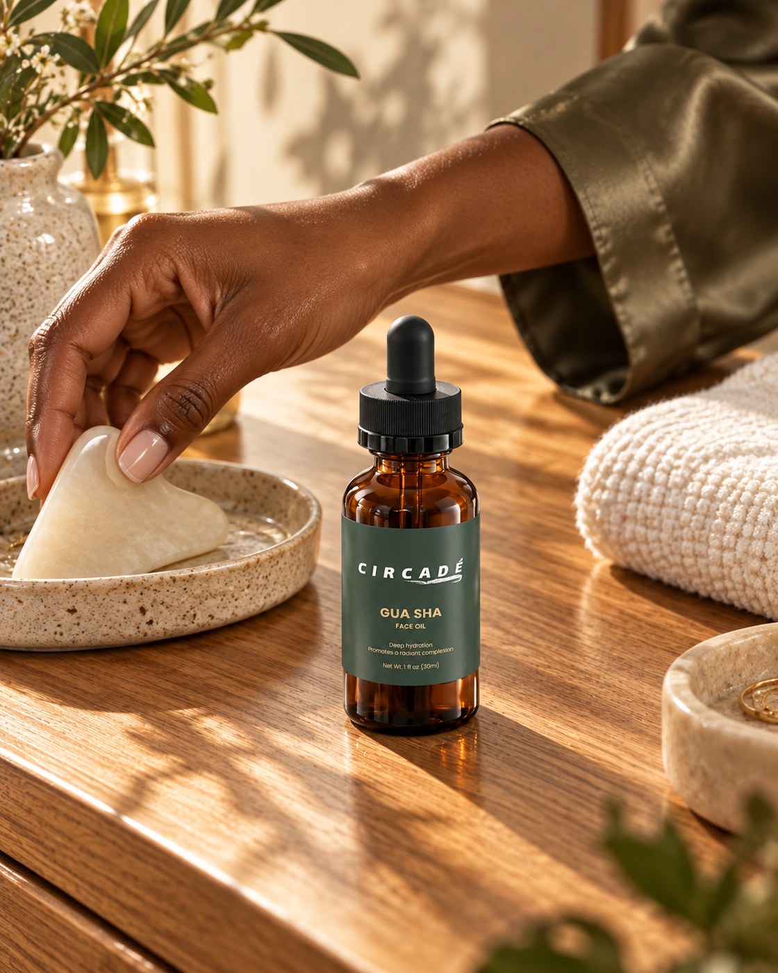 A hand reaching for a gua sha stone beside Circadé Gua Sha Face Oil.