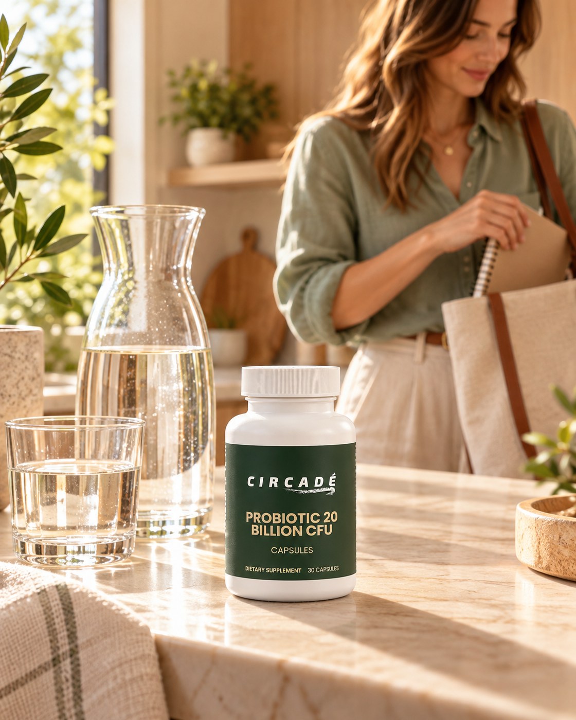 Circadé Probiotic 20 Billion on a kitchen counter while preparing for the day.