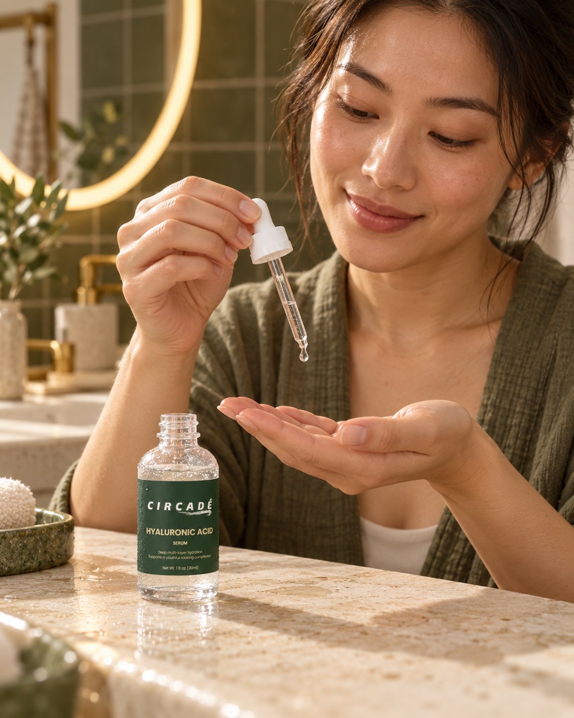 Applying Circadé Hyaluronic Acid Serum at an olive-tiled bathroom vanity.