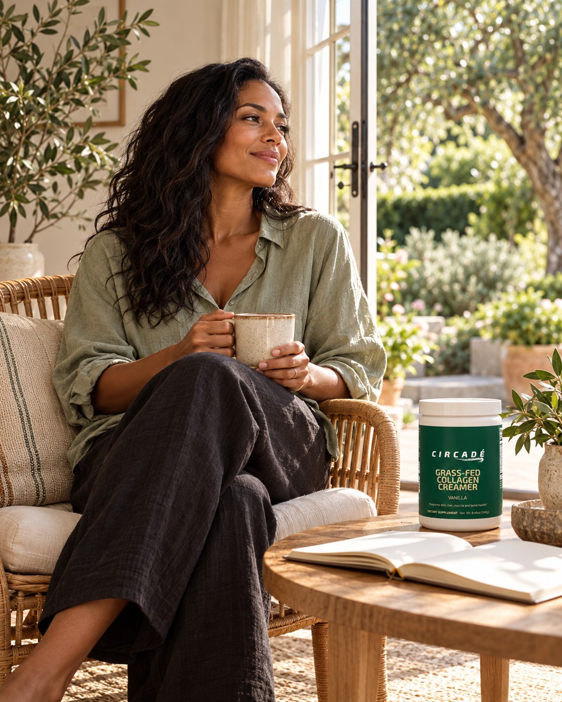 A quiet coffee break beside the garden with Circadé Collagen Creamer.