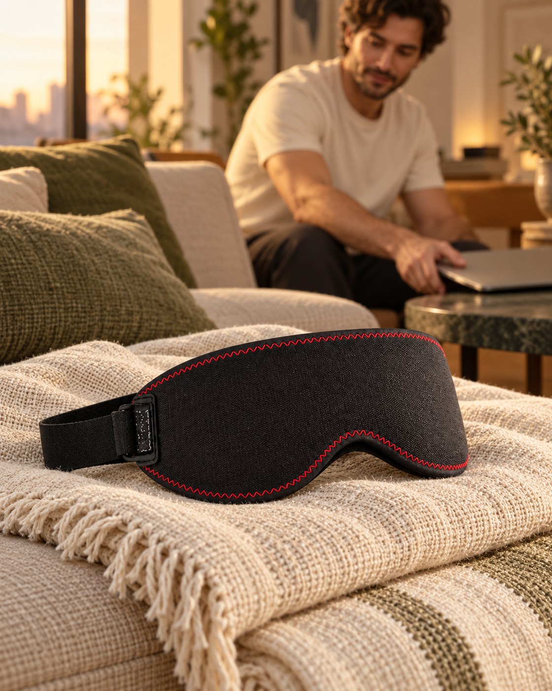 A Circadé warming eye mask resting on a linen throw after the working day.
