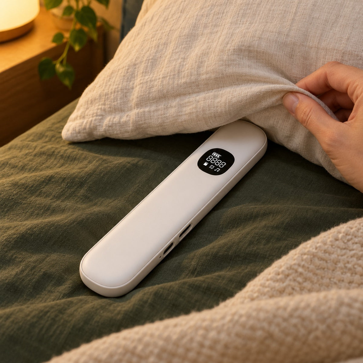 White pillow speaker beneath the edge of an ivory linen pillow