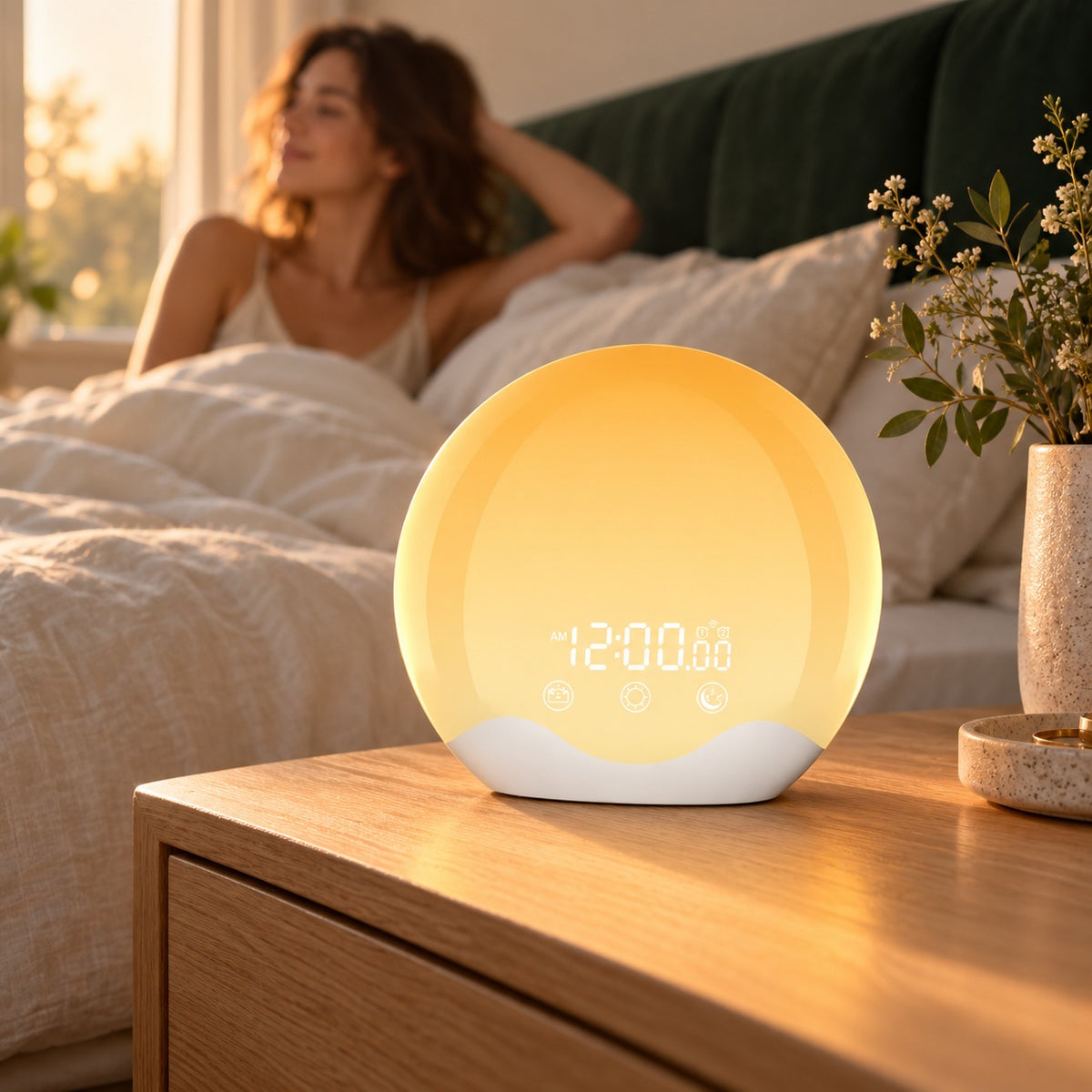 Sunrise alarm clock glowing warmly on an oak bedside table