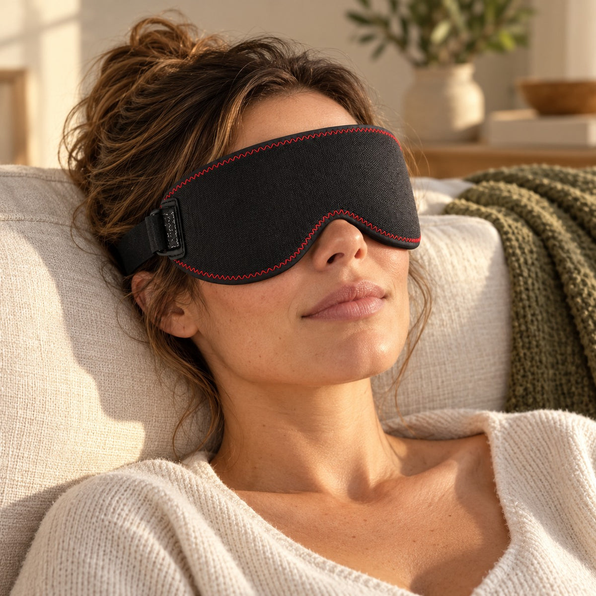 Woman resting in a black warming eye mask with red stitching