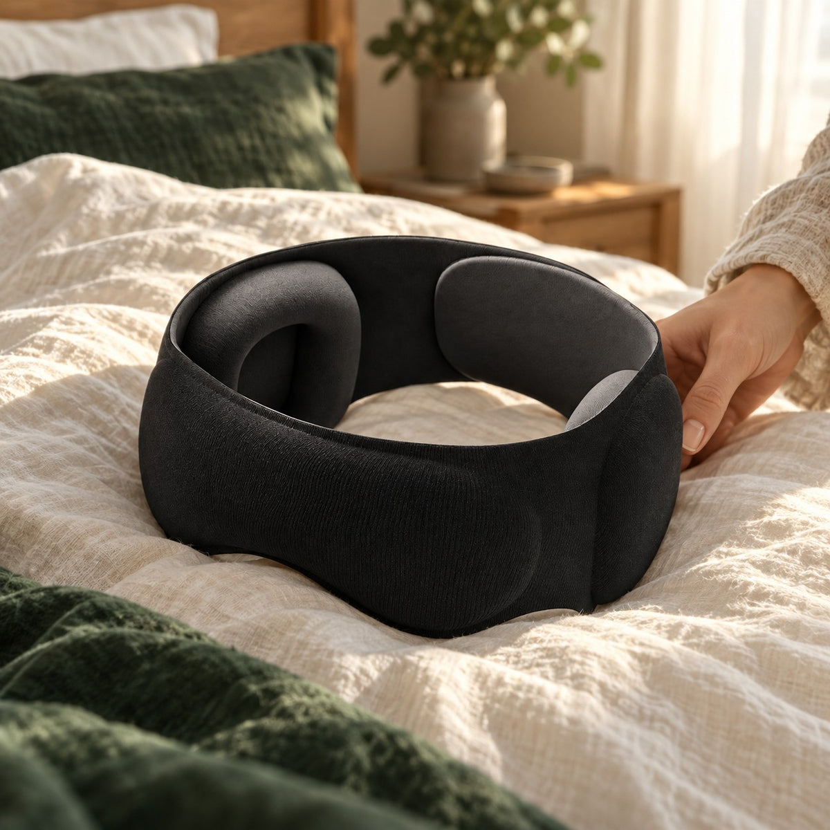 Black contoured weighted sleep mask on an ivory linen pillow