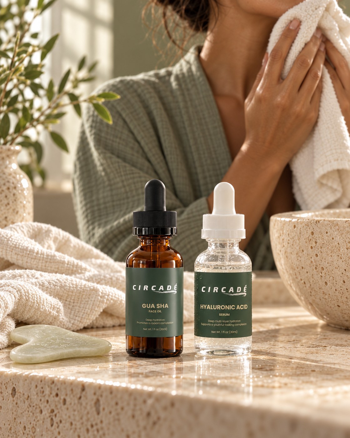 Circadé Gua Sha Face Oil and Hyaluronic Acid Serum together on a warm stone vanity.
